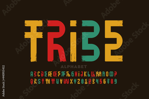Tribal style font, alphabet letters and numbers vector illustration