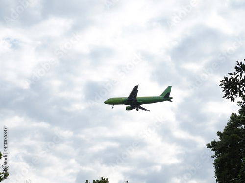 Green airliner descending by releasing landing gear against the background of a cloudy sky