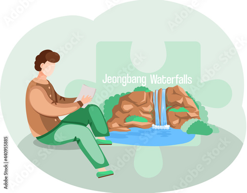 Jeongbang Waterfalls famous landmark of Jeju Island in south Korea. Popular place for visiting male traveler sitting on big stone, jeju green tropical island with water travel. Traditional showplace
