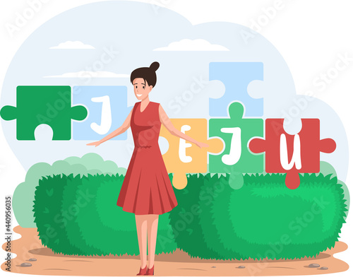 Traveling to Asia by landmarks parks and museums in Jeju island. Female traveler stands next to topiary green bush in cartoon style showplace of beautiful island in south korea touristic entertainment