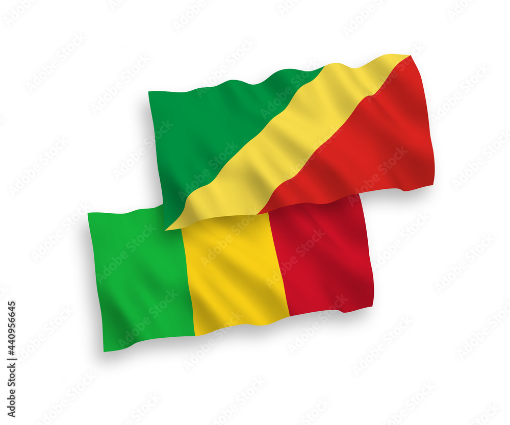 National vector fabric wave flags of Republic of the Congo and Mali isolated on white background. 1 to 2 proportion. National vector fabric wave flags of Republic of the Congo and Mali isolated on white background. 1 to 2 proportion.