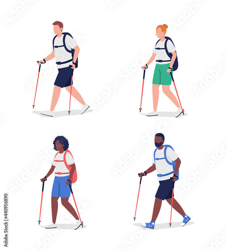 Hikers semi flat color vector character set. Backpackers figures. Full body people on white. Outdoor activity isolated modern cartoon style illustration for graphic design and animation collection