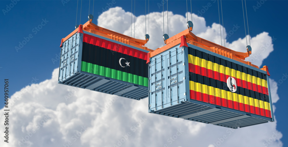 Two freight container with Uganda and Libya national flag. 3D Rendering