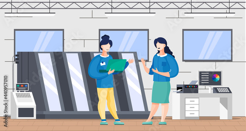 Women working with equipment, printing machine for print house. Printing company employees working with computer in printshop are having break and communicating. Typography workflow concept