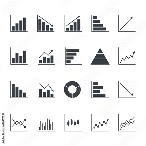 Statistics and diagram information elements. Graphics and charts related black icons set. Big data concept. Business analysis symbol. Vector illustration isolated on white
