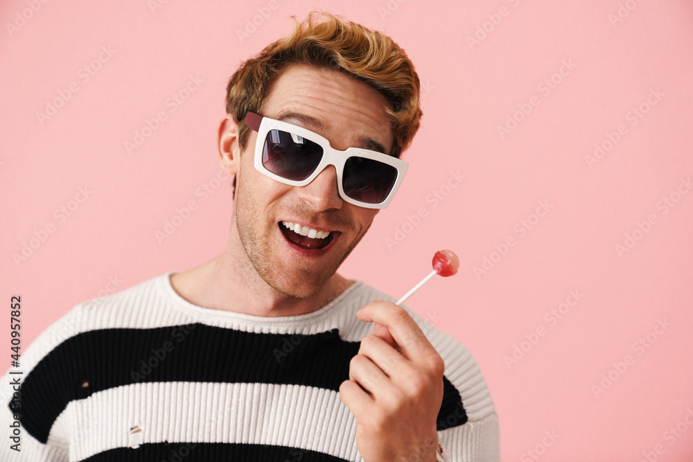 Happy mid aged blonde gay man in sunglasses Happy mid aged blonde gay man in sunglasses
