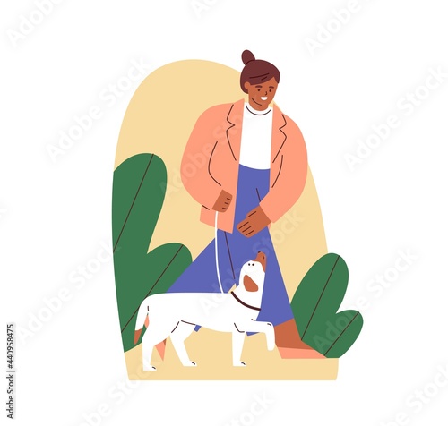 Dog obeying heel command and walking on leash with its owner. Canine instructor teaching doggy with hand signals. Colored flat vector illustration of woman and puppy isolated on white background