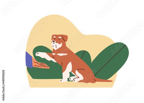 Trained dog giving paw to its owner's hand. Canine trainer training obedient doggy. Pet obeying master's commands. Colored flat vector illustration of animal education isolated on white background