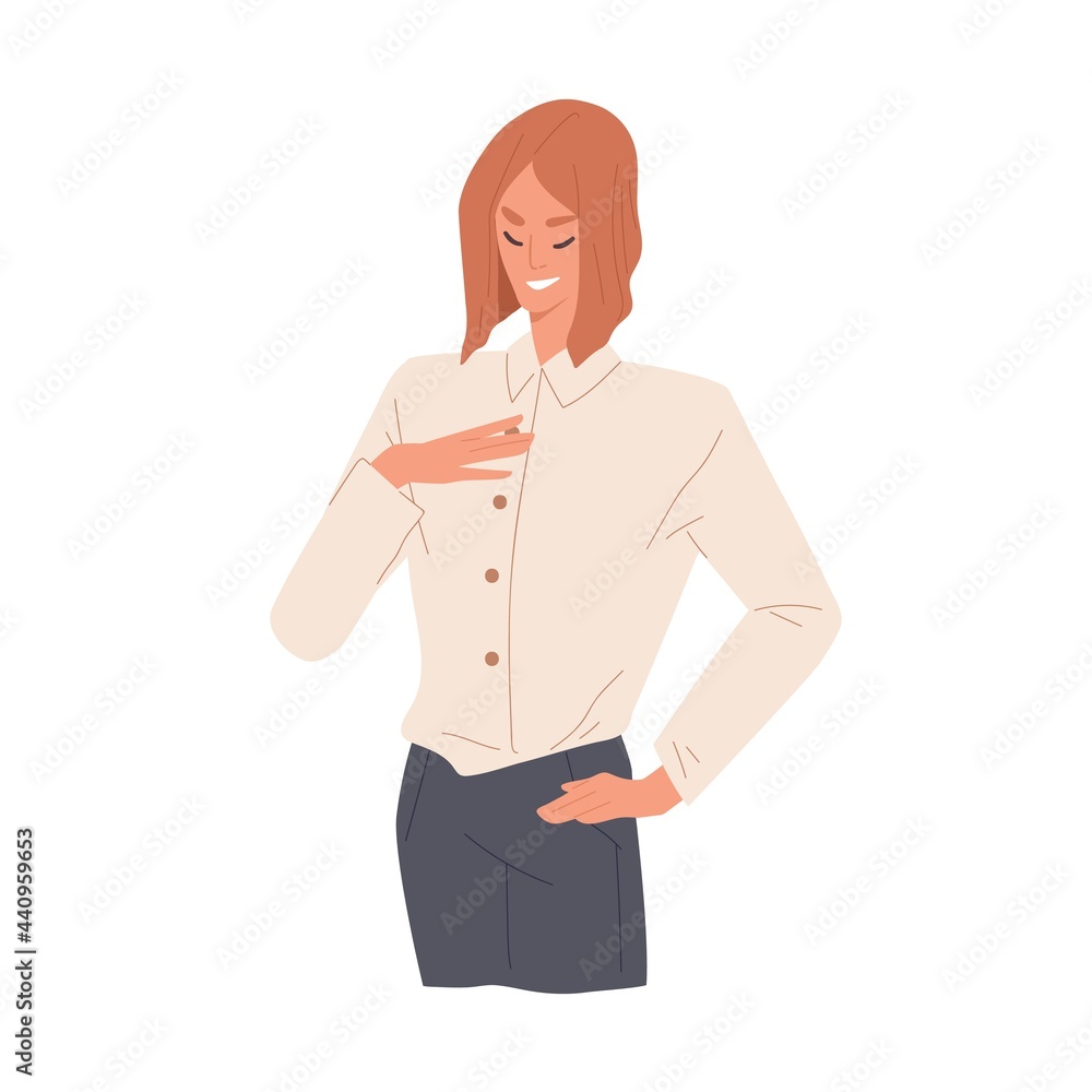 Arrogant self-confident man proud of herself and feeling vanity. Selfish person expressing pride and superiority. Egoistic behavior concept. Flat vector illustration isolated on white background Arrogant self-confident man proud of herself and feeling vanity. Selfish person expressing pride and superiority. Egoistic behavior concept. Flat vector illustration isolated on white background