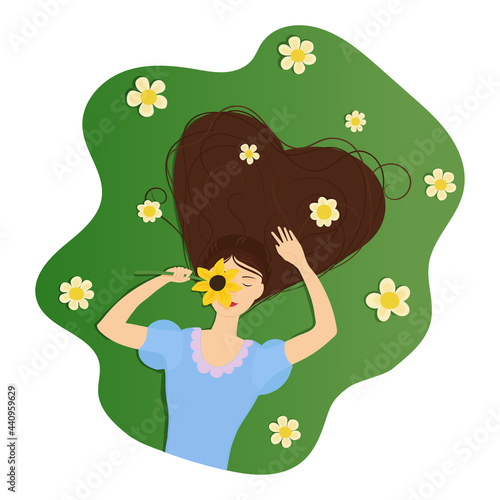 Colorful illustration of an adult woman lying on grass with flowers and hair in form of a heart. Vector illustration isolated on a transparent background.
