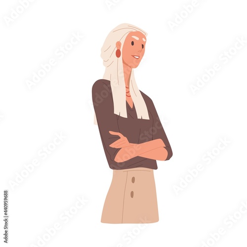 Portrait of arrogant selfish woman. Bossy businesswoman looking with neglect and feeling superiority. Self-confident person. Colored flat vector illustration isolated on white background