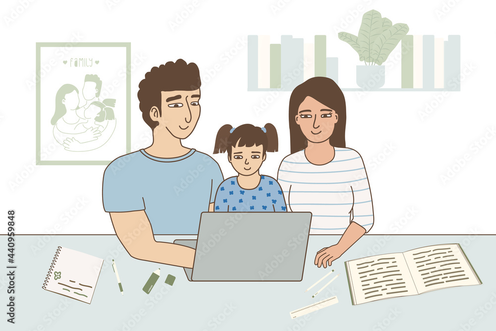 Parents and kid are learning something together. Vector illustration of cute family activities with laptop, book, notebook in the room at home