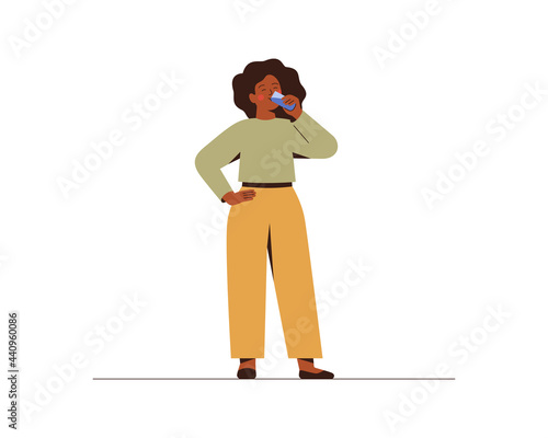 Black woman drinks water from a glass with pleasure. African American girl quenching thirst at home or in office. Concept of healthy lifestyle and prevention of dehydration. Vector illustration