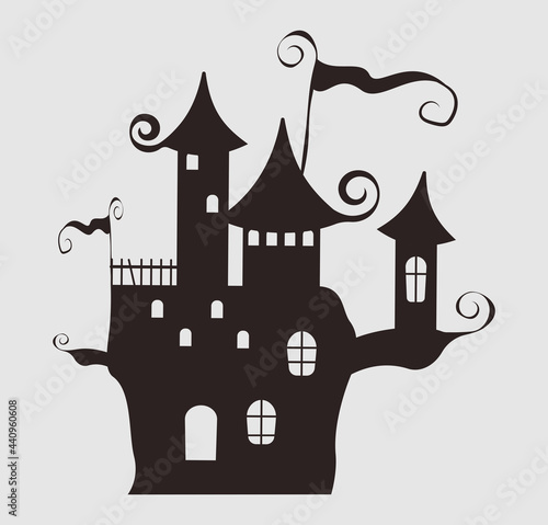 chateau halloween. Without background. Black and white illustration. 
