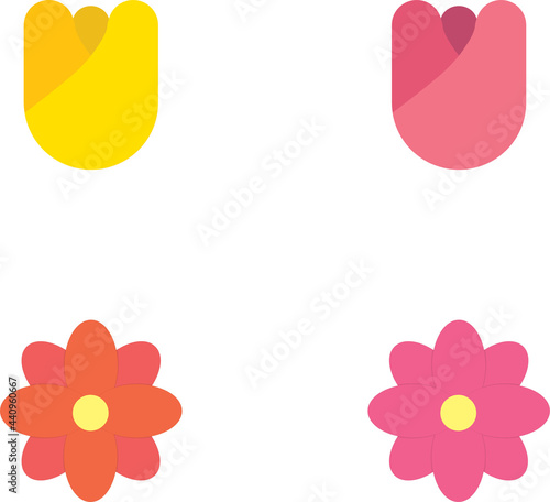 Set of  four colorful flowers, including 2 tulips. Flowers are pink and yellow, simplistic style, flat design. 