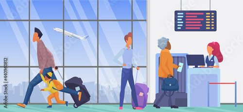 People in airport departure terminal vector illustration. Cartoon persons waiting in line to flight check in, father and child passenger characters with suitcase run for airplane gate background