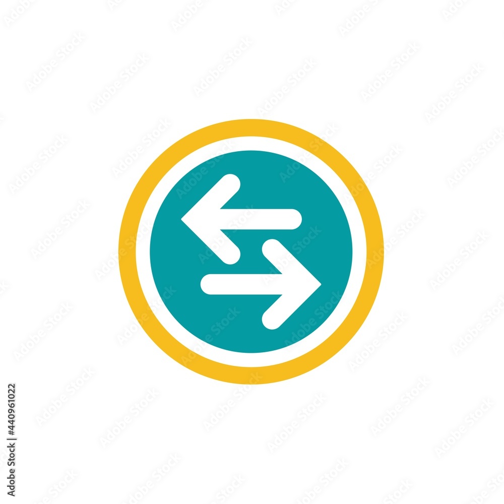 Vector icon. Two white rounded opposite horizontal arrows in blue and orange circle isolated on white. Vector icon. Two white rounded opposite horizontal arrows in blue and orange circle isolated on white.