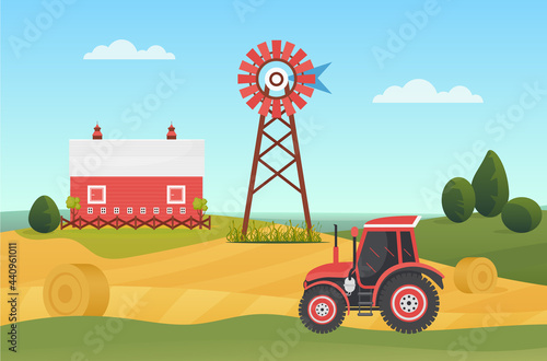 Farm agricultural tractor on village lands, countryside ranch landscape vector illustration. Cartoon agriculture machinery working on farmland field with haystacks, house barn on hill background