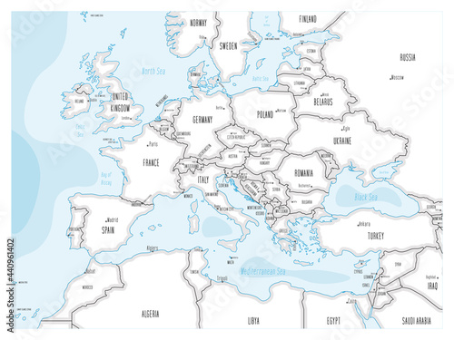 Political map of Continental Europe. Black outline hand-drawn cartoon style illustrated map with bathymetry. Handwritten labels of country, capital city, sea and ocean names. Simple flat vector map.