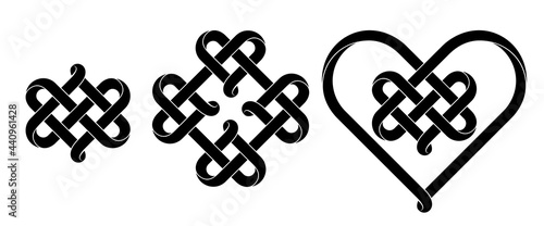 Set of heart signs made of intertwined mobius stripes as celtic knots. Symbols of endless love. Vector illustration.