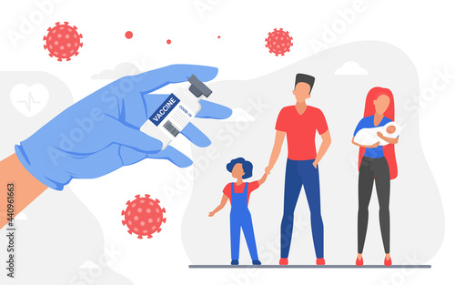 Family coronavirus vaccination protection, medicine healthcare concept vector illustration. Cartoon doctor hand holding vaccine medical bottle to protect father, mother, children characters background