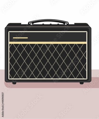 Guitar amplifier and speaker. Concert equipment. Material for rider artist-musician. Rehearsal technique. Music studio theme. Guitar monitoring. Portable monaural speaker system. Vector illustration.