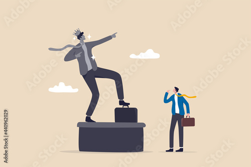 Ego, self important or self esteem, too much proud of yourself or overconfident, success or leadership history concept, businessman looking at his self success statue thinking of own Ego.