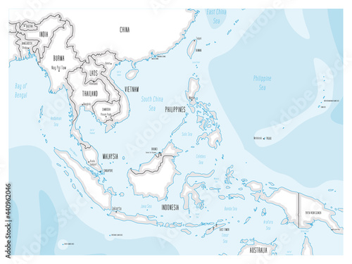 Political map of Southeast Asia. Black outline hand-drawn cartoon style illustrated map with bathymetry. Handwritten labels of country, capital city, sea and ocean names. Simple flat vector map.