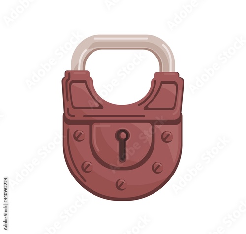 Hanging closed iron colored padlock with locked metal shackle and keyhole. Realistic protecting mechanism with key hole for lockers and safes. Flat cartoon vector illustration isolated on white