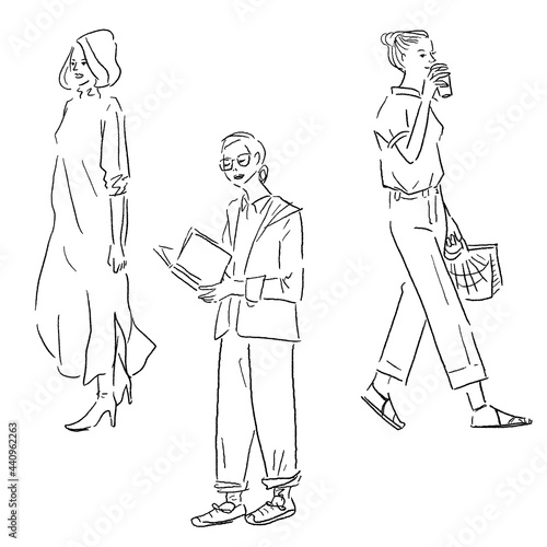 ファッショナブルな女性の線画ベクターイラスト