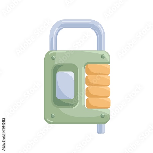 Metal hanging locked padlock with locking pin mechanism and steel shackle. Realistic glossy security object as symbol of protection and safety. Flat cartoon vector illustration isolated on white