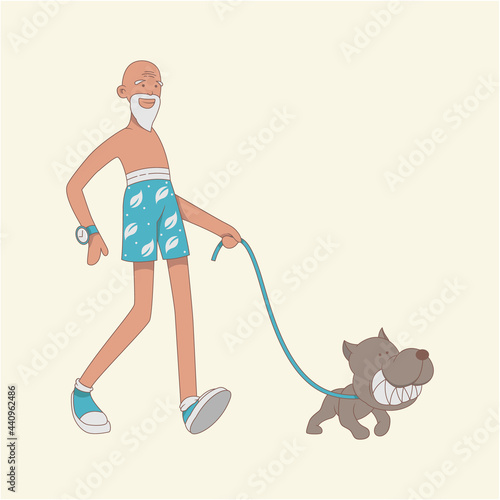 Illustration of an old man jogging with his dog