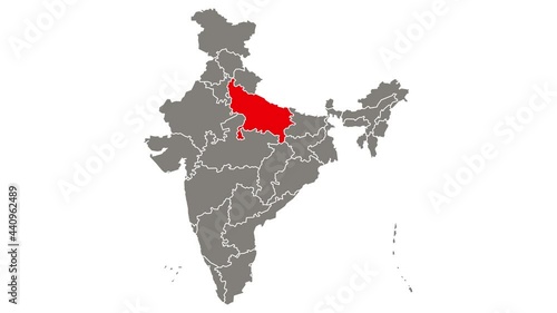 Uttar Pradesh state blinking red highlighted in map of India