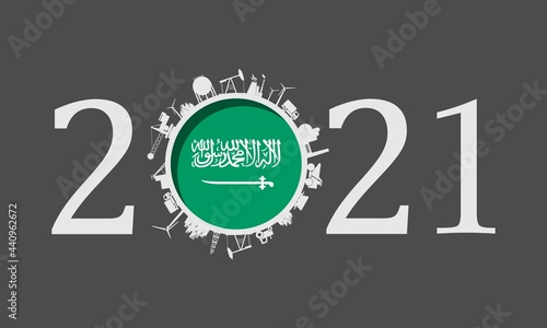 2021 year number with industrial icons around zero digit