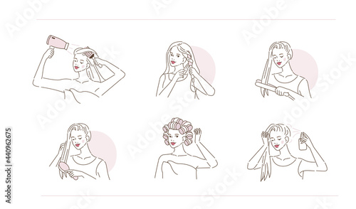 Beauty girl take care of her damaged hair and making hair styling. Woman washing, drying hair, curling with curler and straitening with iron. Flat line vector illustration and icons set.