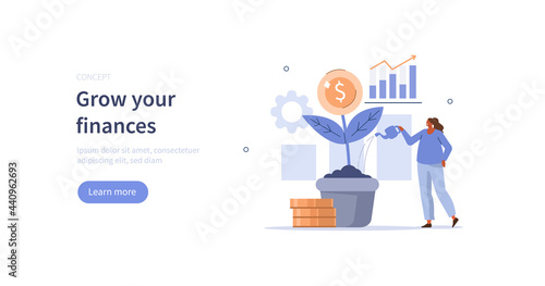 Character planting and watering money tree sprout with gold coin on top. Investment, finance management and economic growth concept. Flat cartoon vector illustration.