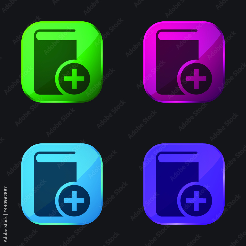 Book With Add Button four color glass button icon Book With Add Button four color glass button icon