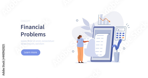 Character reading and calculating long financial bill or invoice online in mobile app on smartphone. Payment and debts management concept. Flat cartoon vector illustration.
