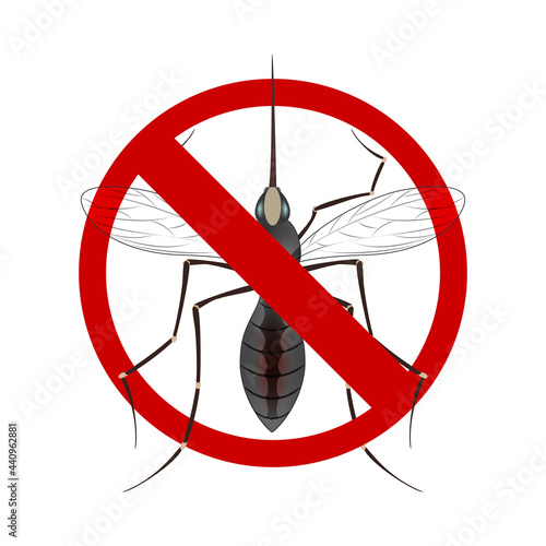 Stop mosquito sign isolated. Anti mosquito sign with a realistic mosquito. Vector image of a mosquito isolated on white background