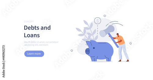 Character having financial problems, debts and loans. Man breaking piggy bank to use his last finances. Credit and debts management concept. Flat cartoon vector illustration.