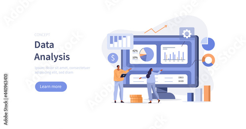 Characters analyzing graphs, charts and diagrams. People planning business strategy and managing data and finance. Data analysis concept. Flat cartoon vector illustration.