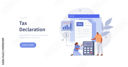 People filling documents for tax calculation online. Characters preparing financial tax declaration. Accounting concept. Flat cartoon vector illustration.