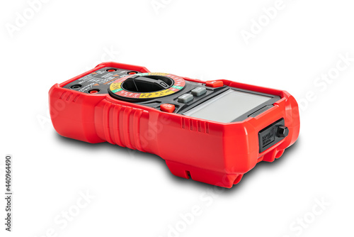 Side view of red portable digital multimeters or multitester isolated on white background. photo