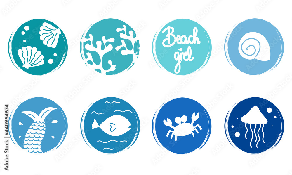 cute vector set of logo design templates, icons and badges for social media highlight with sea life elements cute vector set of logo design templates, icons and badges for social media highlight with sea life elements