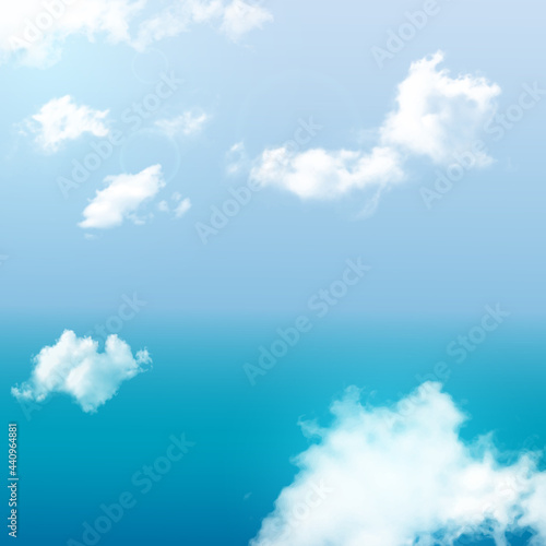 Realistic colorful summer sky with clouds. Blue sky white fluffy clouds sun rays and bokeh light.