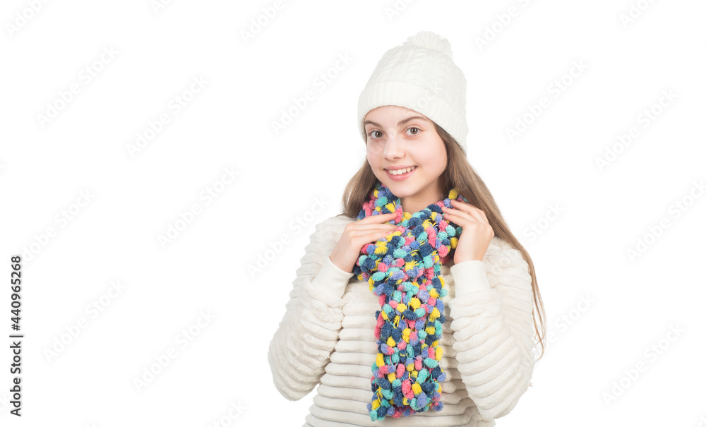 happy kid in knitted hat and scarf warm clothes isolated on white copy space, knitwear happy kid in knitted hat and scarf warm clothes isolated on white copy space, knitwear