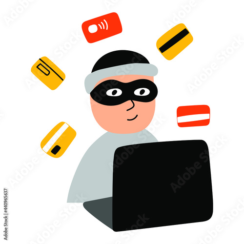 Cyber fraud. Man in mask sit at laptop. Vector illustrations on white background. 