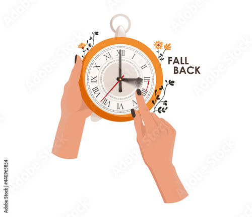 Daylight saving time concept. The clocks moves forward one hour to daylight-saving time. Fall back. Hands move the clock hand