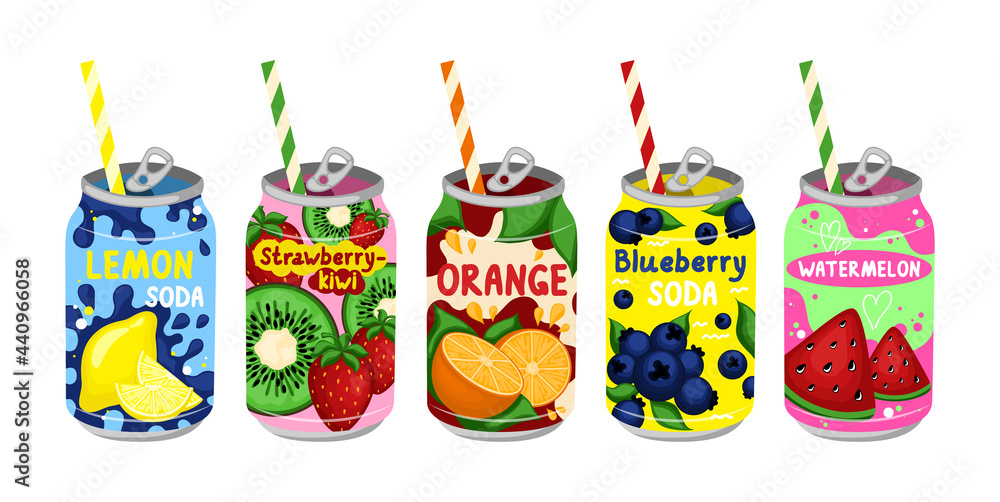 Cartoon Color Various Tasty Sodas Set. Vector. Carbonated water with different fruit flavors. Kawaii asian style.