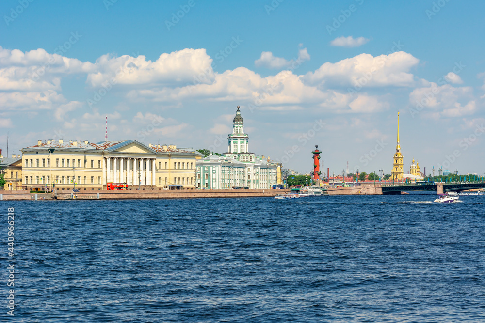 Saint Petersburg cityscape with Kunstkamera, Palace bridge and Peter and Paul fortress, Russia